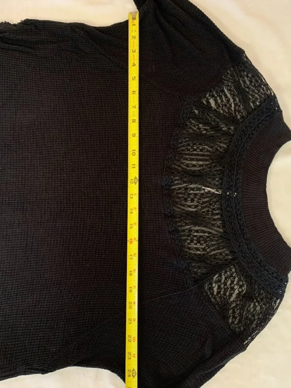 Free People Spring Valley Top XS Black Waffle Knit Lace Yoke Boho